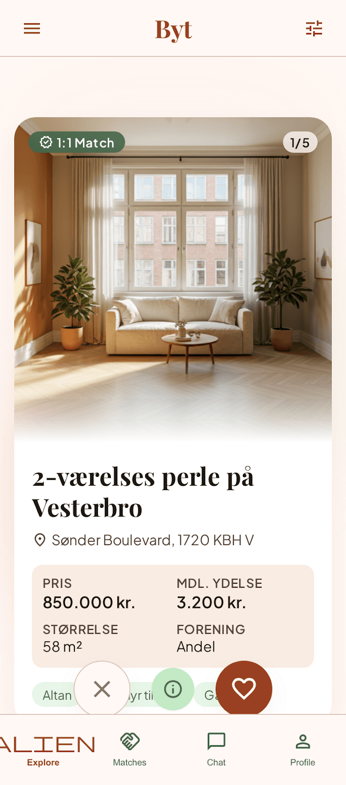 Bobyt-appen viser en bolig der kan swipes